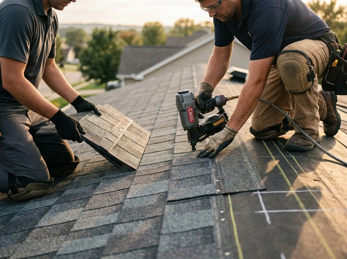 Professional roofer working on a residential roof in Colts Neck